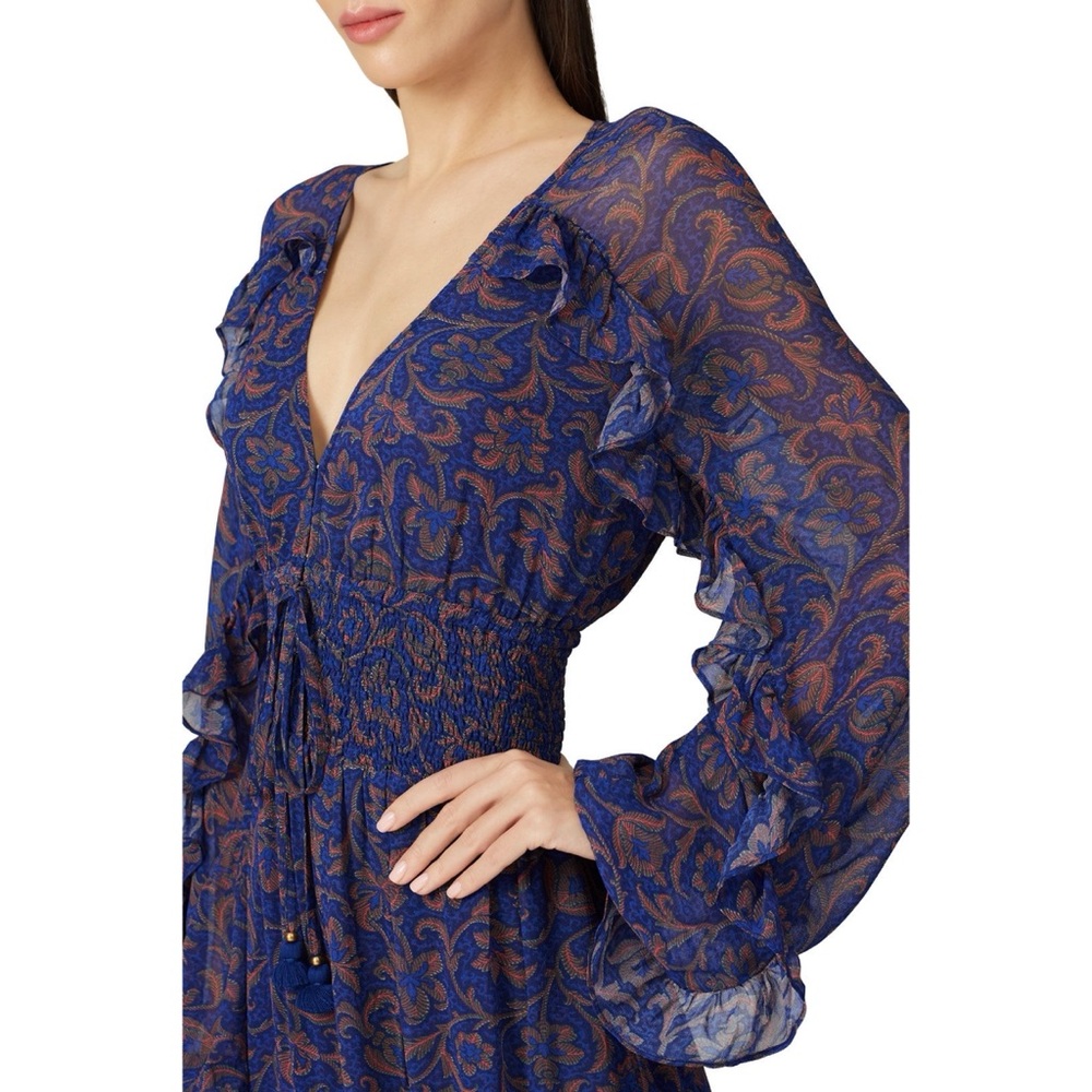 ❤️ FIGUE Alessia Sheer Silk Ruffle High Low Dress in Blue/Terracotta